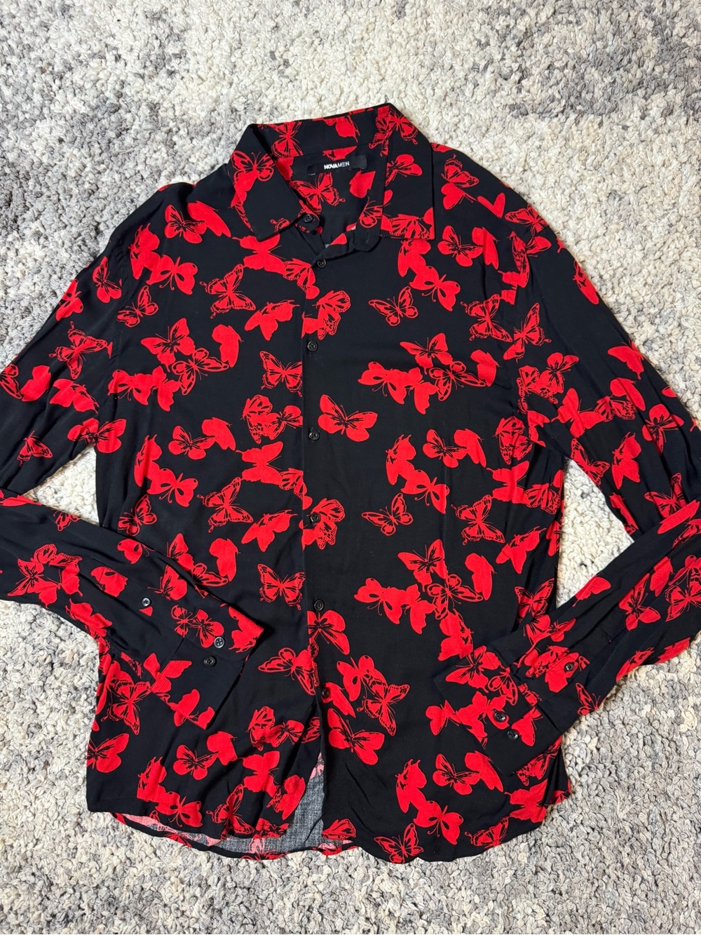 Fashion Nova, Men’s Black Long Sleeve Button-Down Shirt with Red Butterfly Print